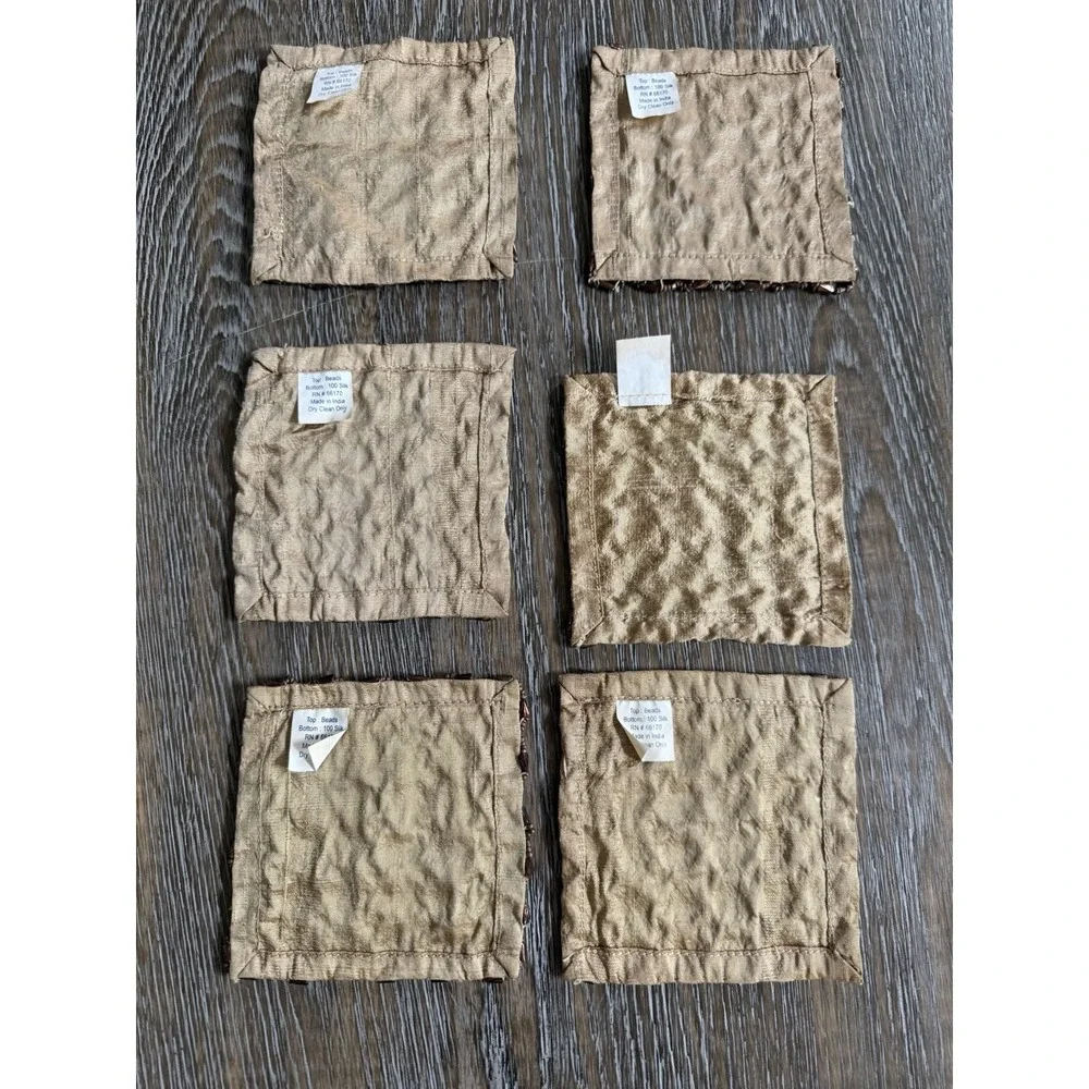 Vintage Gold Hand-Beaded Silk Coasters from India Set of 6 New